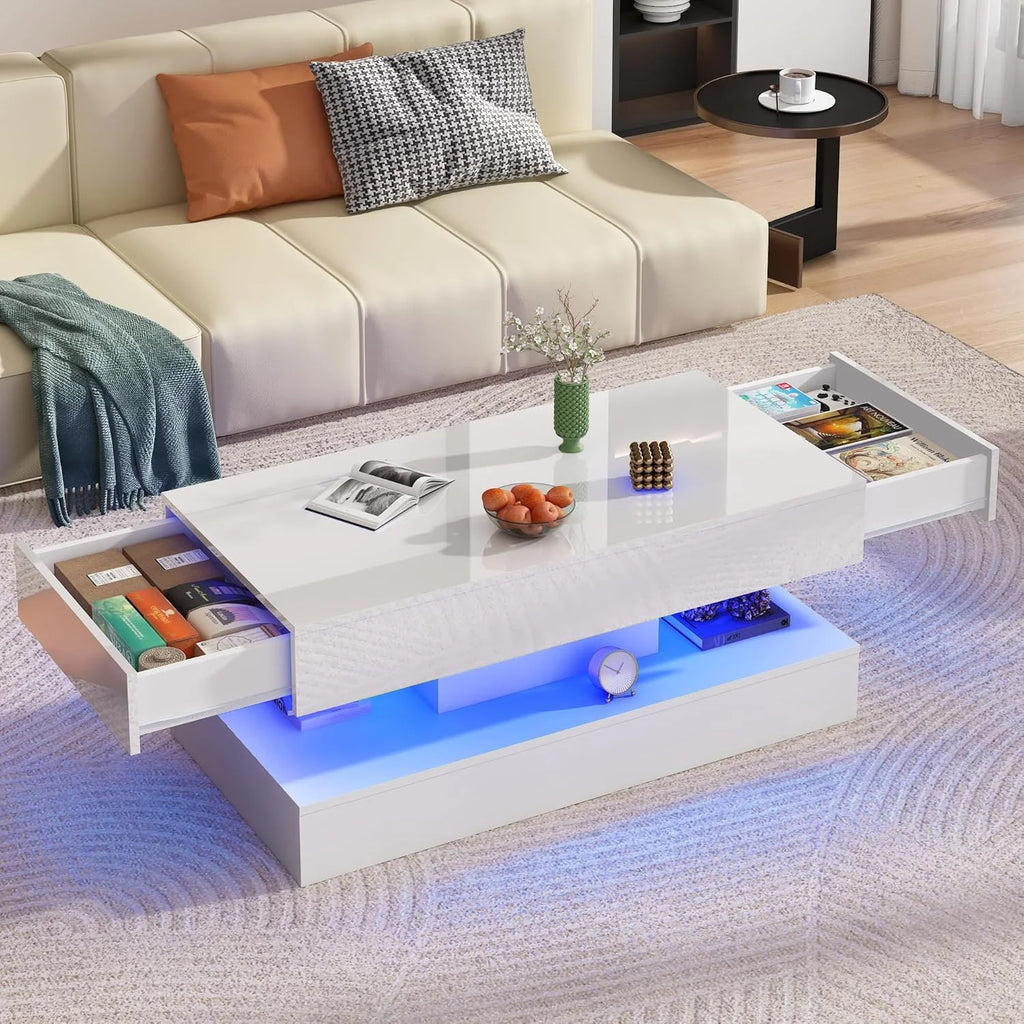 ChVans Large Black LED Coffee Table with 2 Storage Drawers, Modern High Gloss Coffee Table w/20 Colors LED Lights/APP Control, 2 Tiers Rectangle Large Living Room Furniture w/Marbling Print(47.3")
