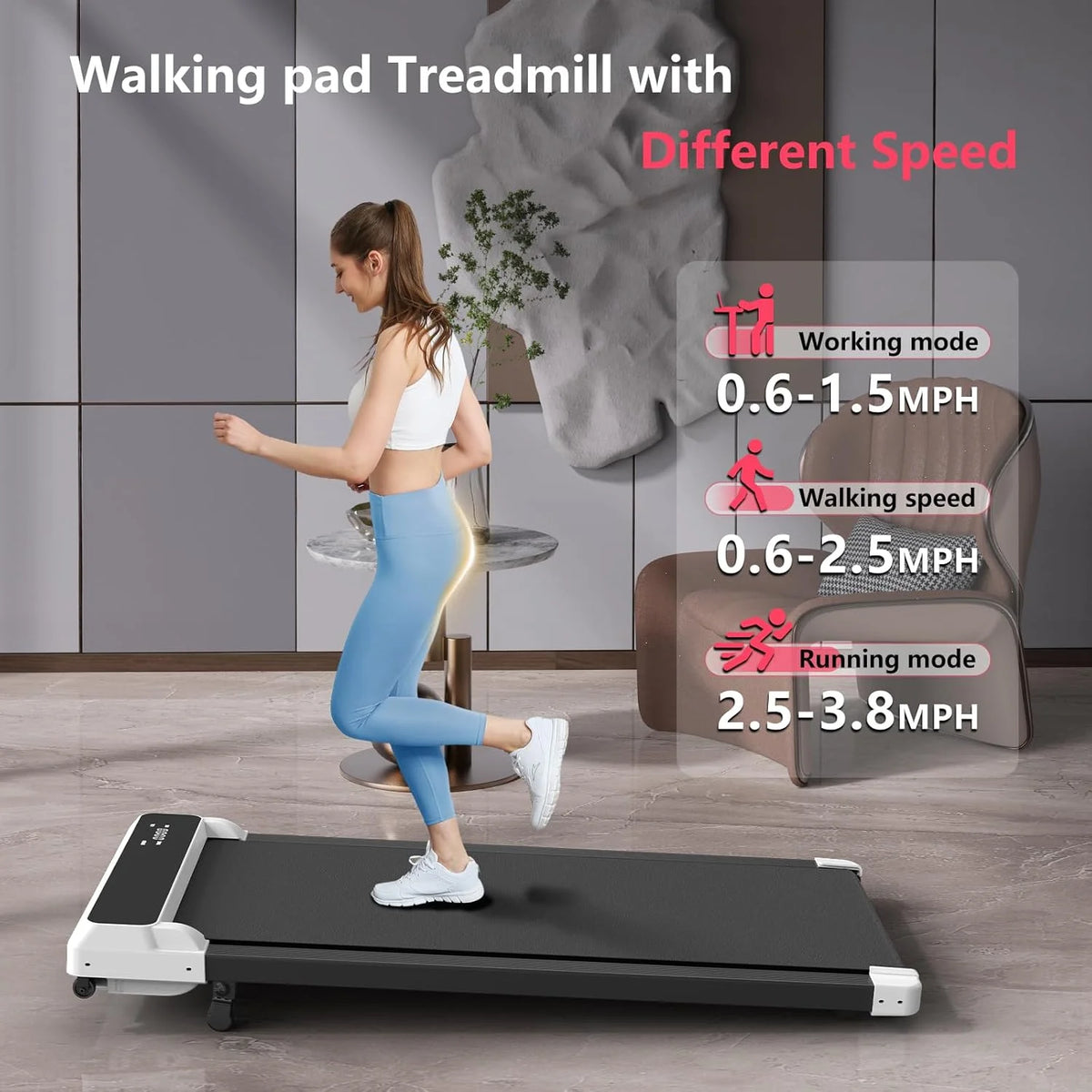 JURITS Walking Pad 2 in 1 for Walking and Jogging, Under Desk Treadmill for Home Office with Remote Control, Portable Walking Pad Treadmill Under Desk, Desk Treadmill in LED Display,Black