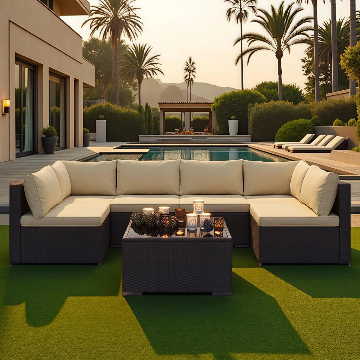 Patio Furniture Set Clearance Lofka Outdoor Sectional Furniture Sofa Set with Tempered Glass Table for Backyard, Garden & Poolside, Gray Cushions