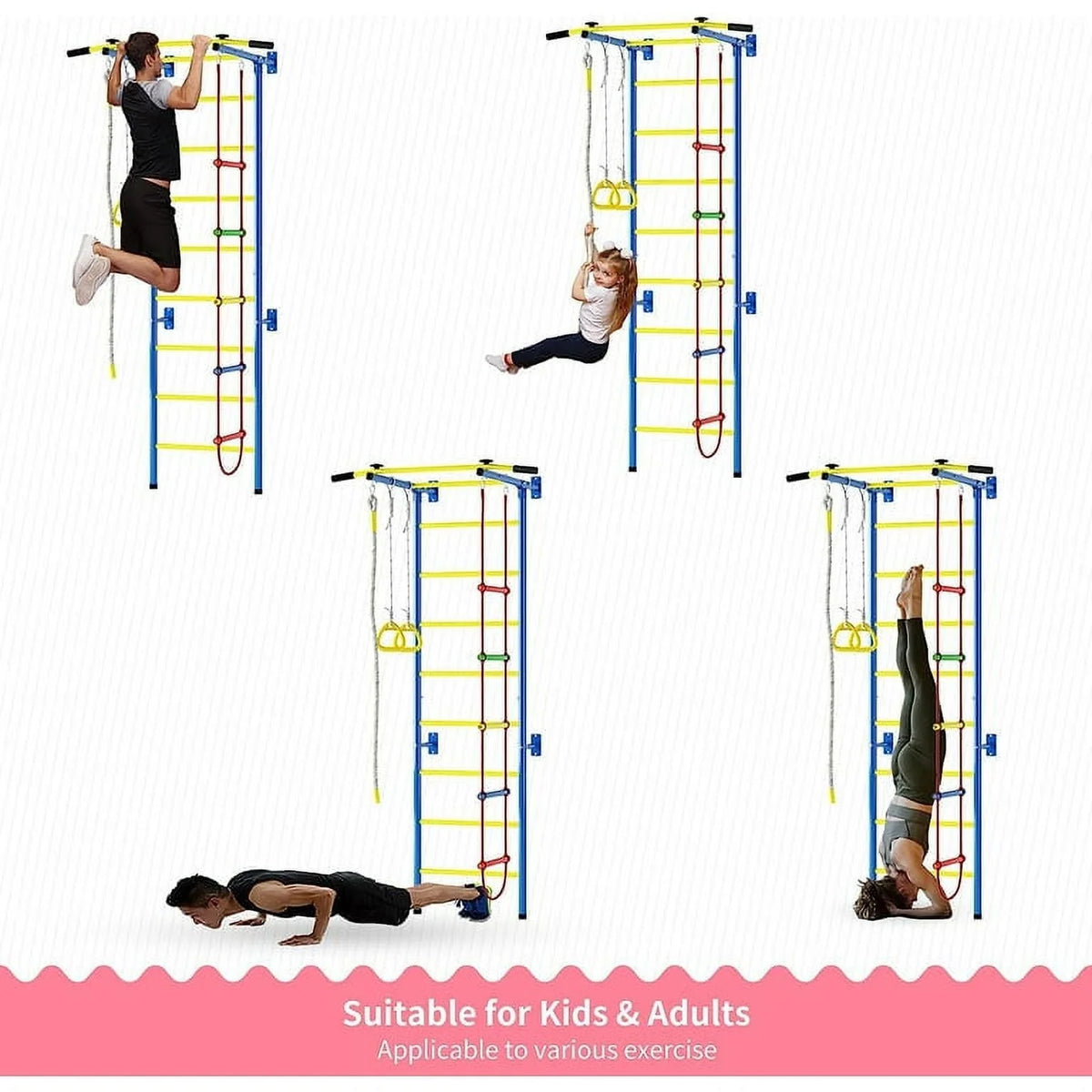 Cuoote 5 in-1 Metal Wall Ladder Stall Bars Set, Indoor Kids Gym for Exercise, Ladder Wall Set with Wall Ladder, Pull-up Bar, Climbing Rope, Gymnastic Rings, Kids Climbing Toys for Boys Girls