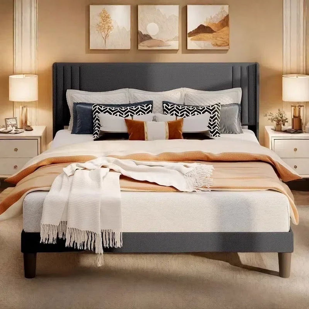 Full Size Bed Frame, Bed Frame with Wingback Headboard Hold 850 lbs, Dark Gray