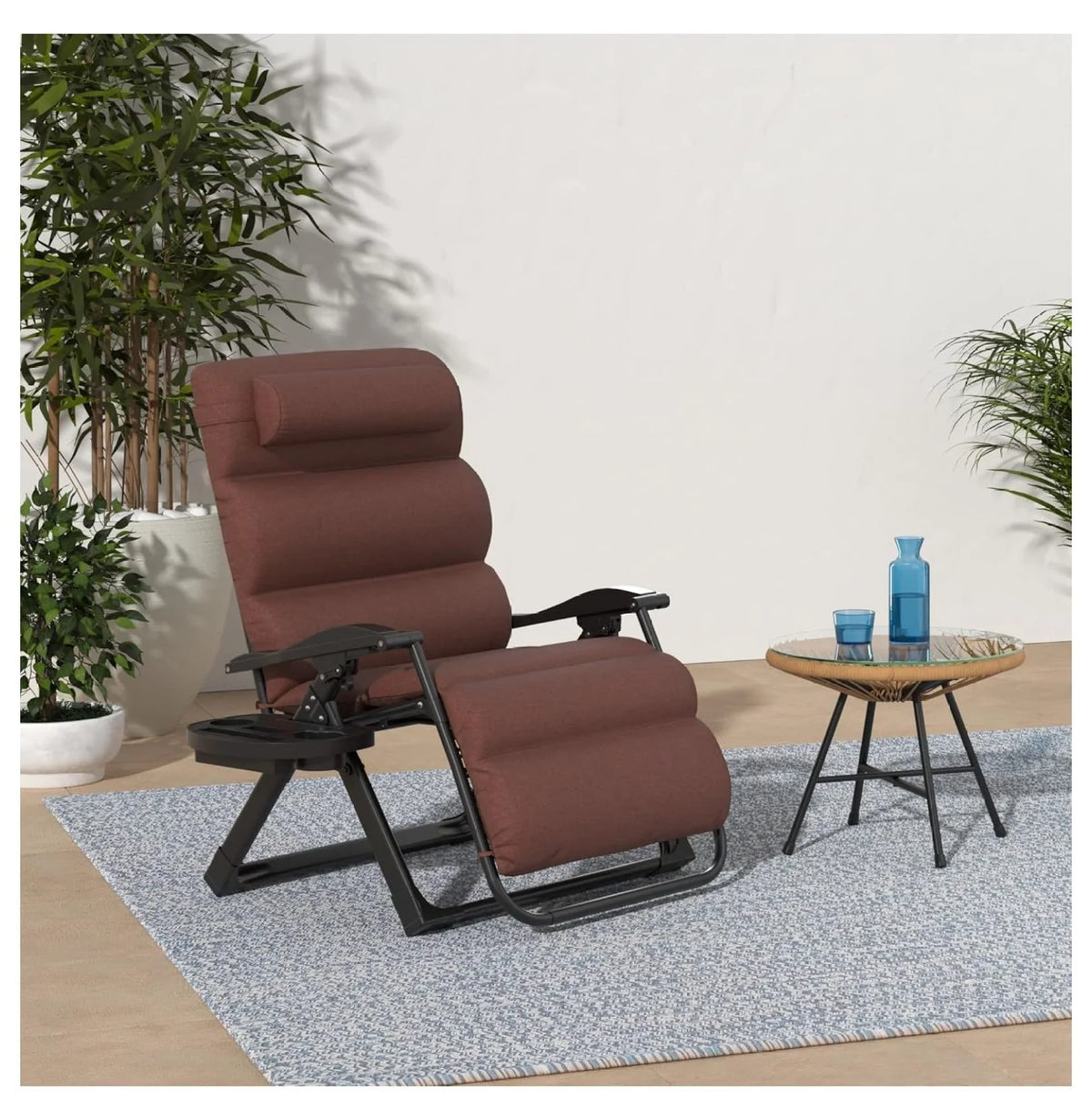 Oversized Chair, Folding Outdoor Patio Recliner, XL Anti Gravity Lounger w/Removable Cushion, Cup Holder, Side Tray, 350lb Capacity - Taupe