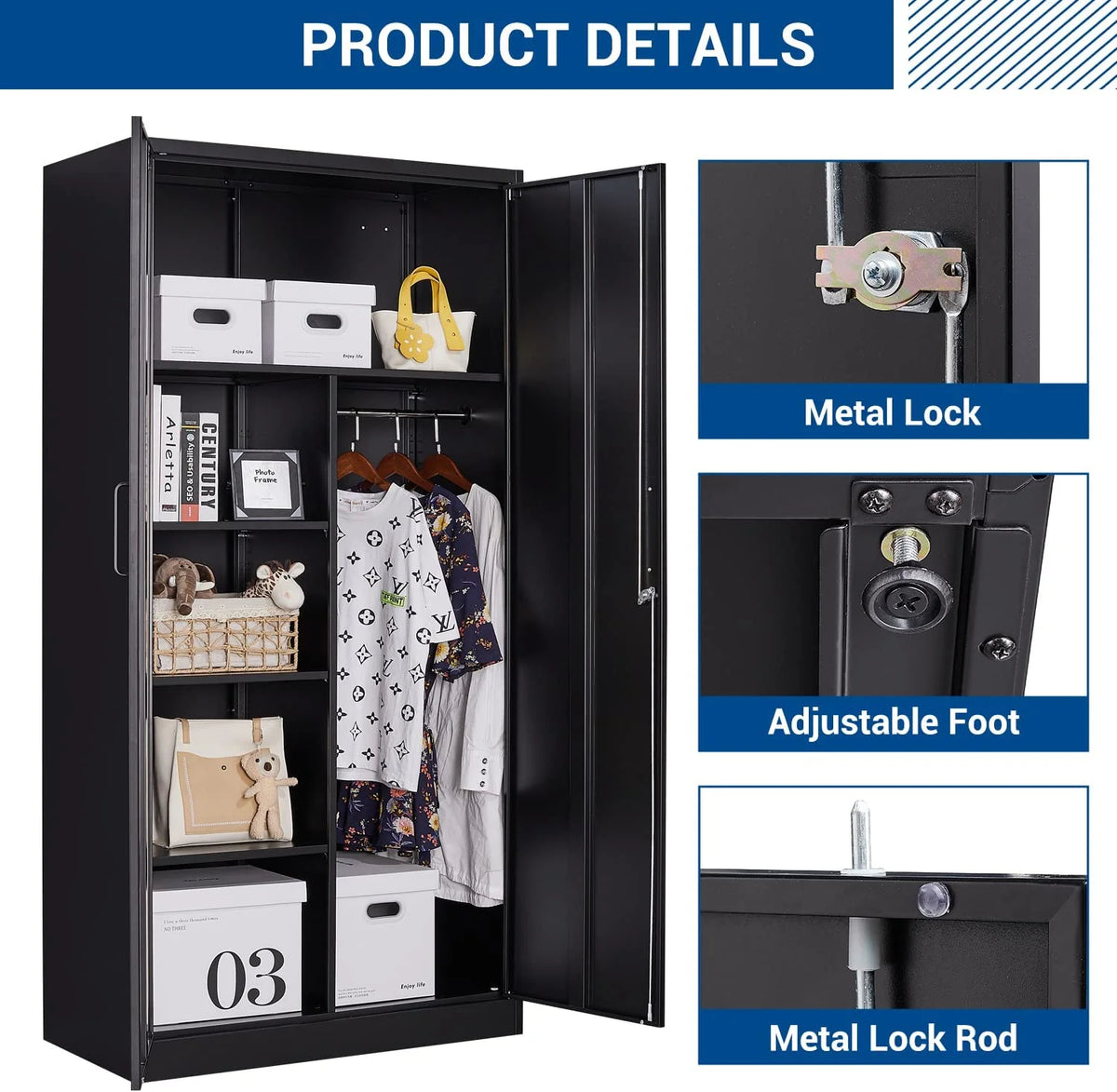 STANI Metal Locker Storage Cabinet, Employees Locker with Hanging Rod Bar, 71 Black Tall Steel Wardrobe for Home, School, Office (Assembly Required)