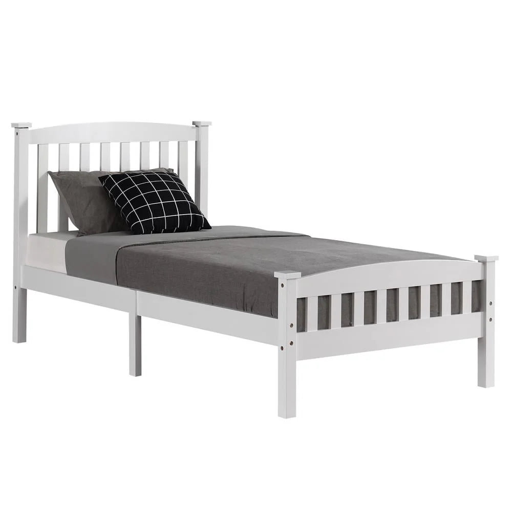 Ktaxon Twin Bed Frame,Solid Pine Wood Kids Twin Platform Bed Frame, Bedroom Twin Bed with Headboard for Adults, White, 78.94 L*42.44 W*39.17 H