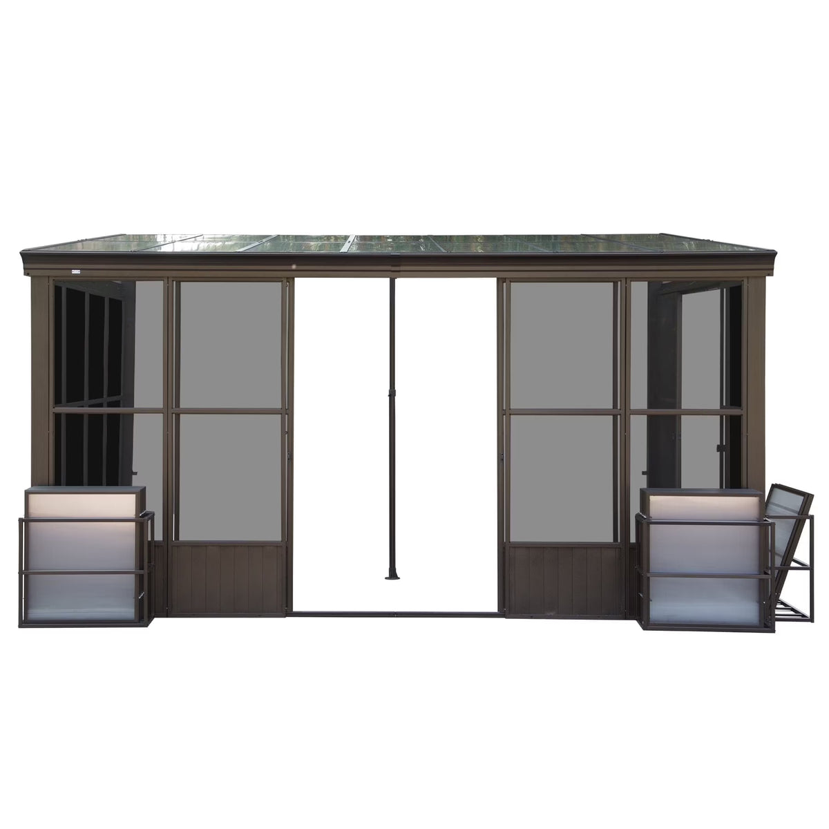 TOTAL Outdoor 10'x12' All-Season Sunroom Gazebo with Steel Roof, PVC Screen, Front & Side Door, Brown