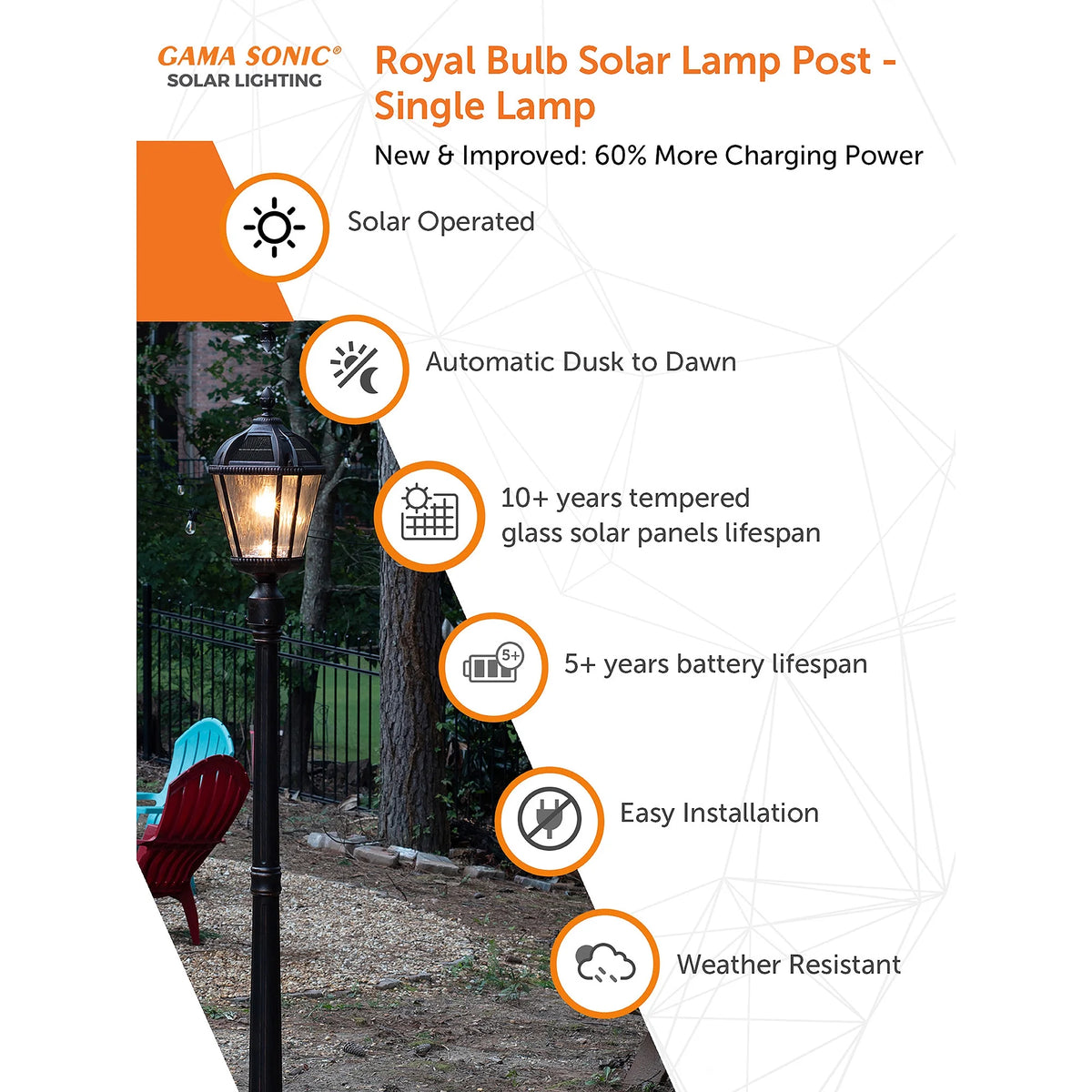 Gama Sonic Solar Outdoor Lamp Post Light, Black Cast Aluminum and Beveled Glass Panels, 10-Year Royal Bulb, Warm White LED with Omni-Direction Reflector, 87-inch Height, 98B001