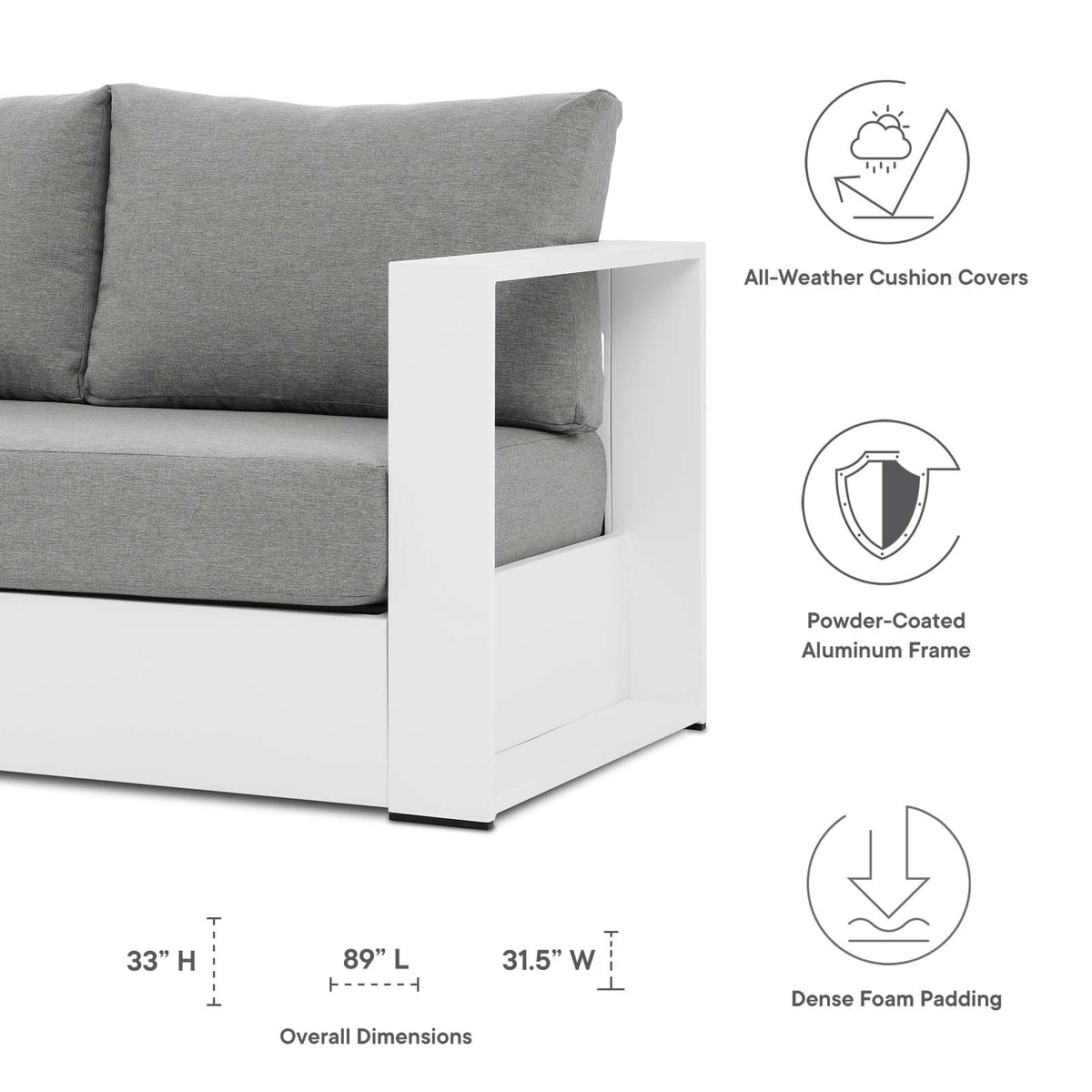 Lounge Sofa Table Set, Grey Gray, Aluminum, Metal, Fabric, Modern Contemporary, Outdoor Patio Balcony Cafe Bistro Garden Furniture Hotel Hospitality