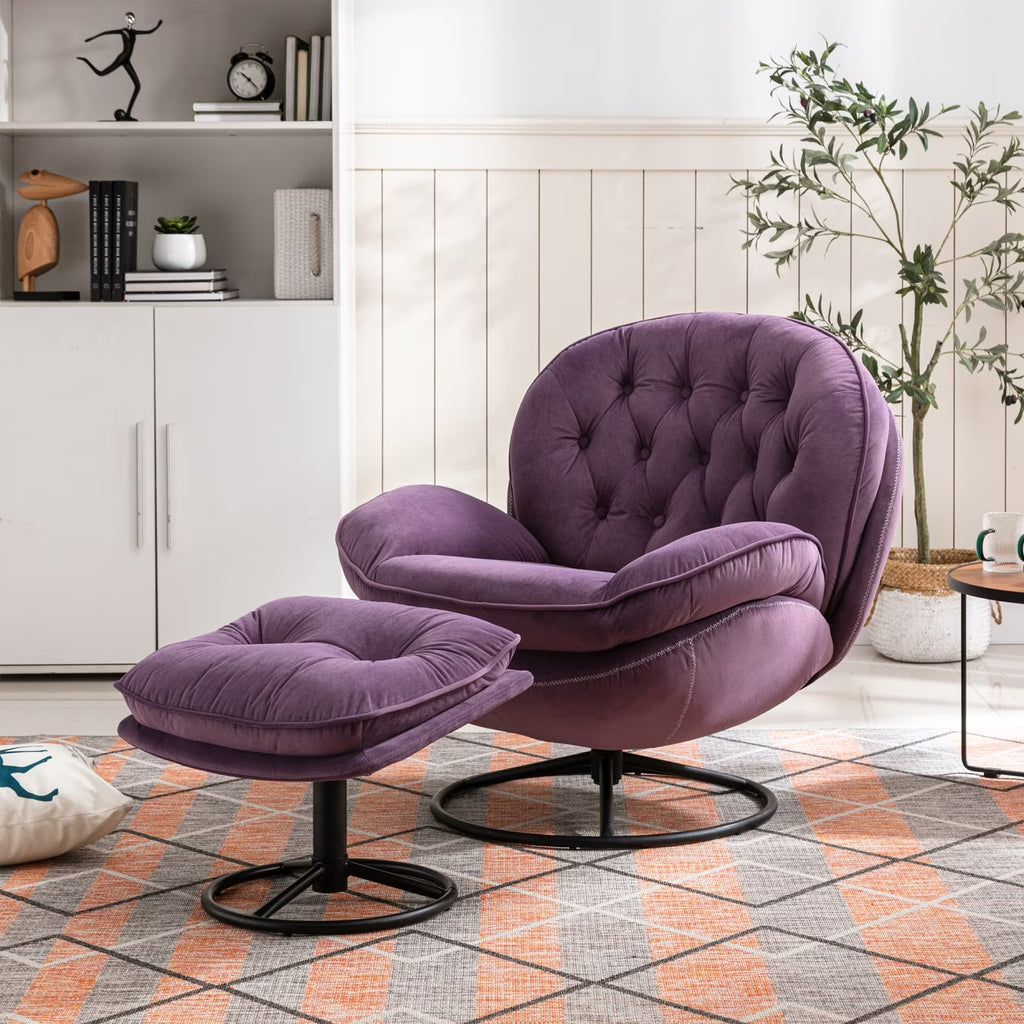 Velvet Swivel Accent Chair with Ottoman Set, Modern Tufted Armchair with Footrest for Living Room Reading TV Chairs for Adults, Comfy Chaise Lounge Chairs with 360 Degree Swiveling for Bedroom, Pink