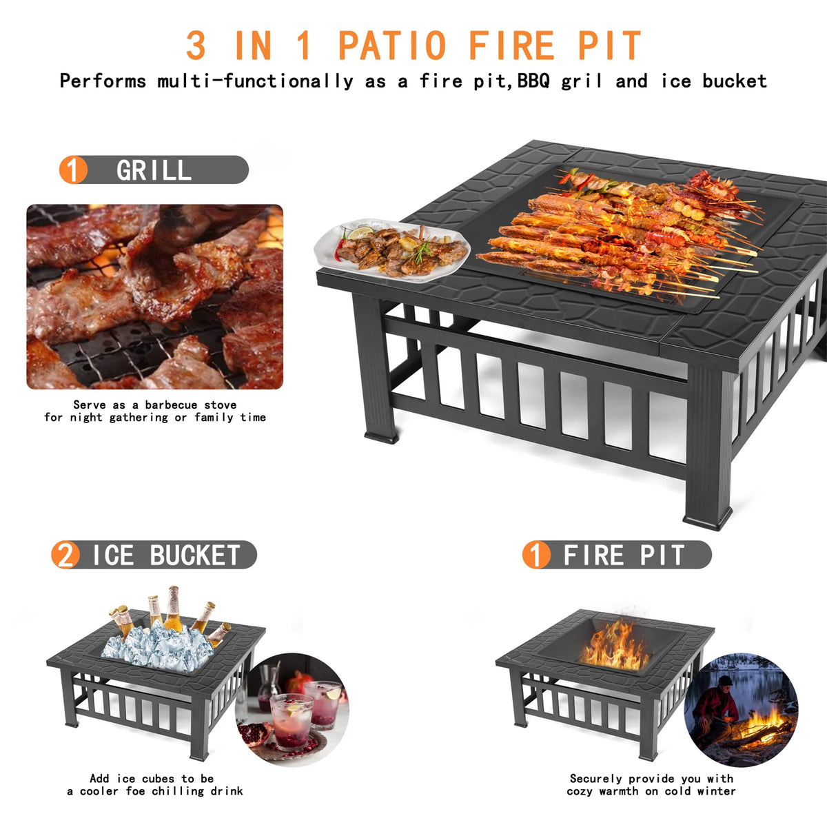 Fire Pits for Outside, UHOMEPRO 32" Square Iron Fire Pit Backyard Patio Garden Stove Wood Burning Fire Pit w/ BBQ Net, Waterprrof Cover, Mesh Screen Lid, Wood Grate, Poker, Durable Fire Pit