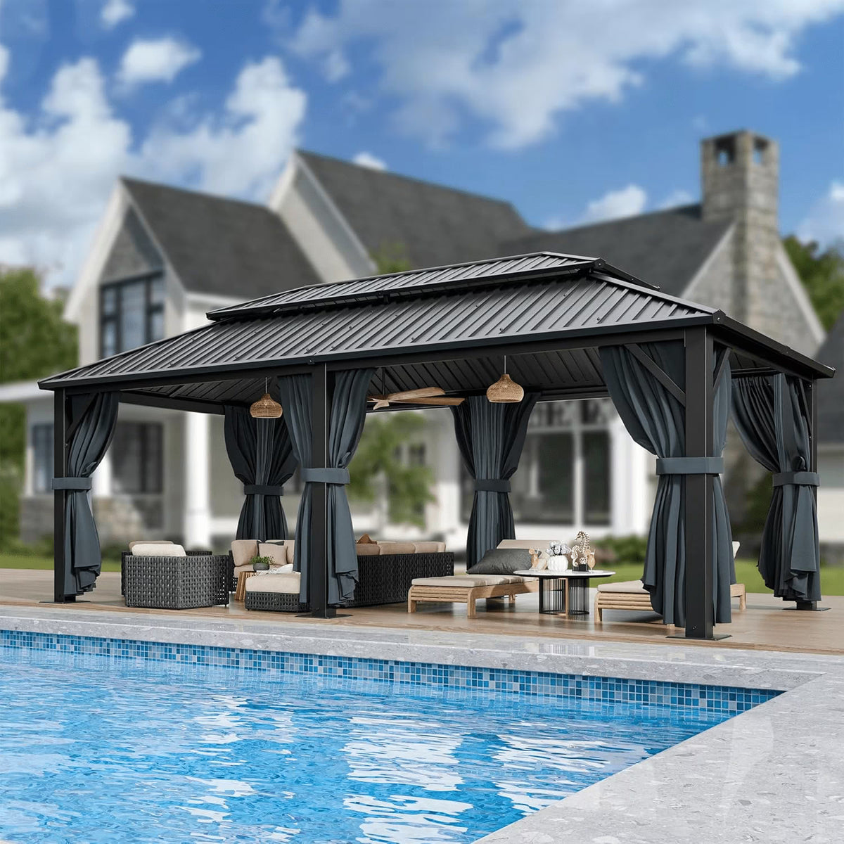 COBIZI 10x12 Hardtop Gazebo Aluminum Gazebos with Galvanized Steel Double Roof Metal Gazebo with Curtains and Netting Permanent Steel Gazebo for Backyard, Garden and Patio, Brown