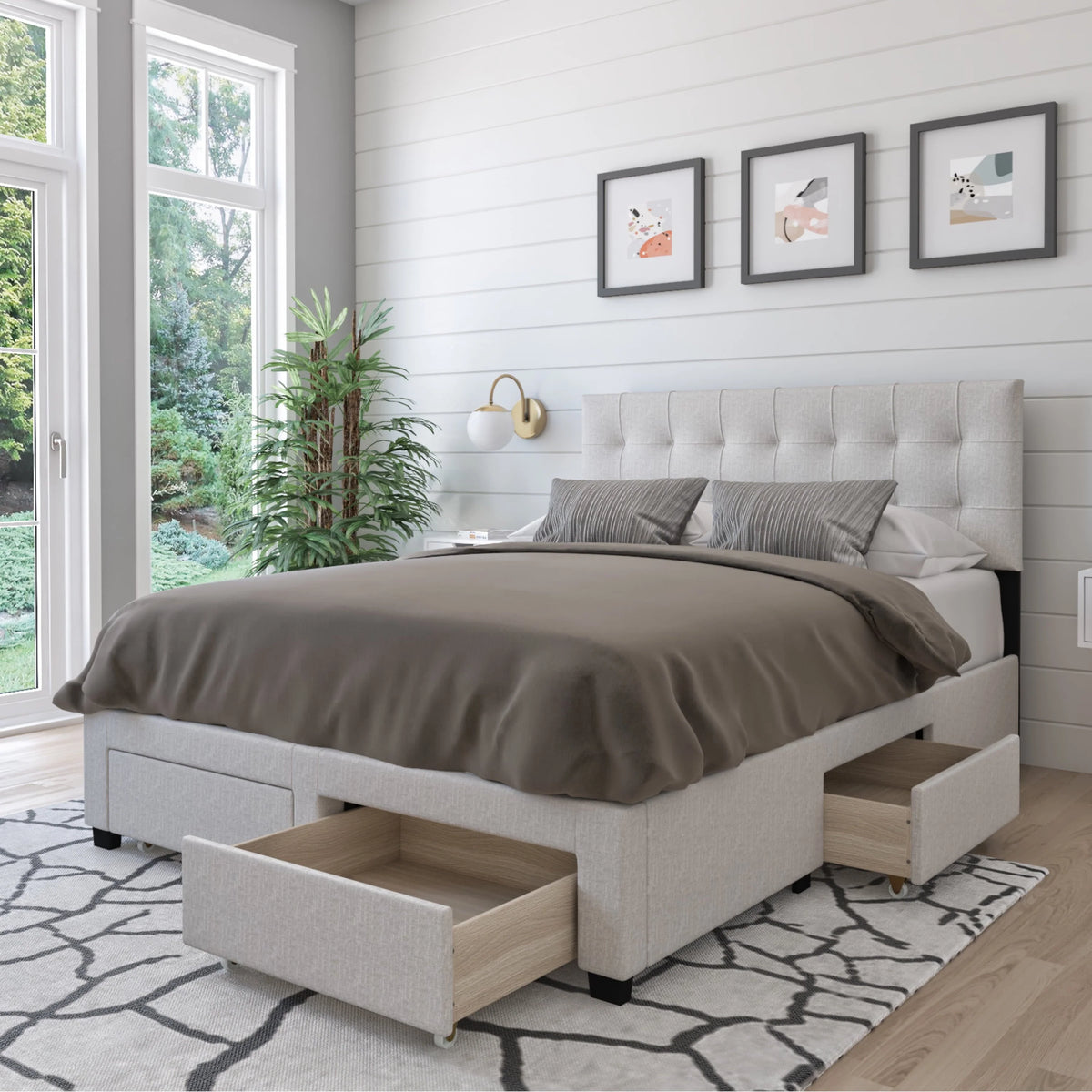 DG Casa Benjamin Upholstered Platform Bed Frame with Storage Drawers Square Tufted Headboard and Full Wooden Slats, Box Spring Not Required - Queen Size in Beige Polyester Blend Fabric