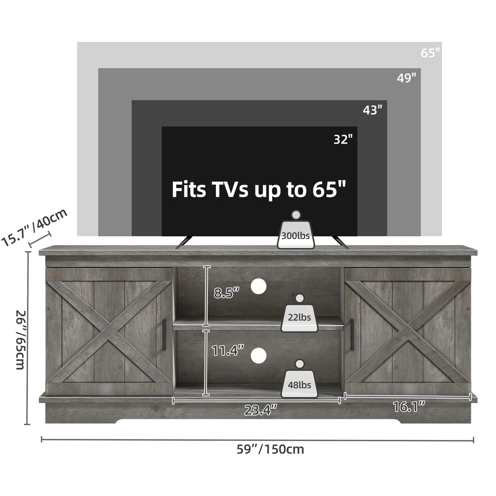 Dextrus Farmhouse TV Stand for 65 inch TV, Entertainment Center for Living Room, TV Media Console Cabinet, Grey Wash