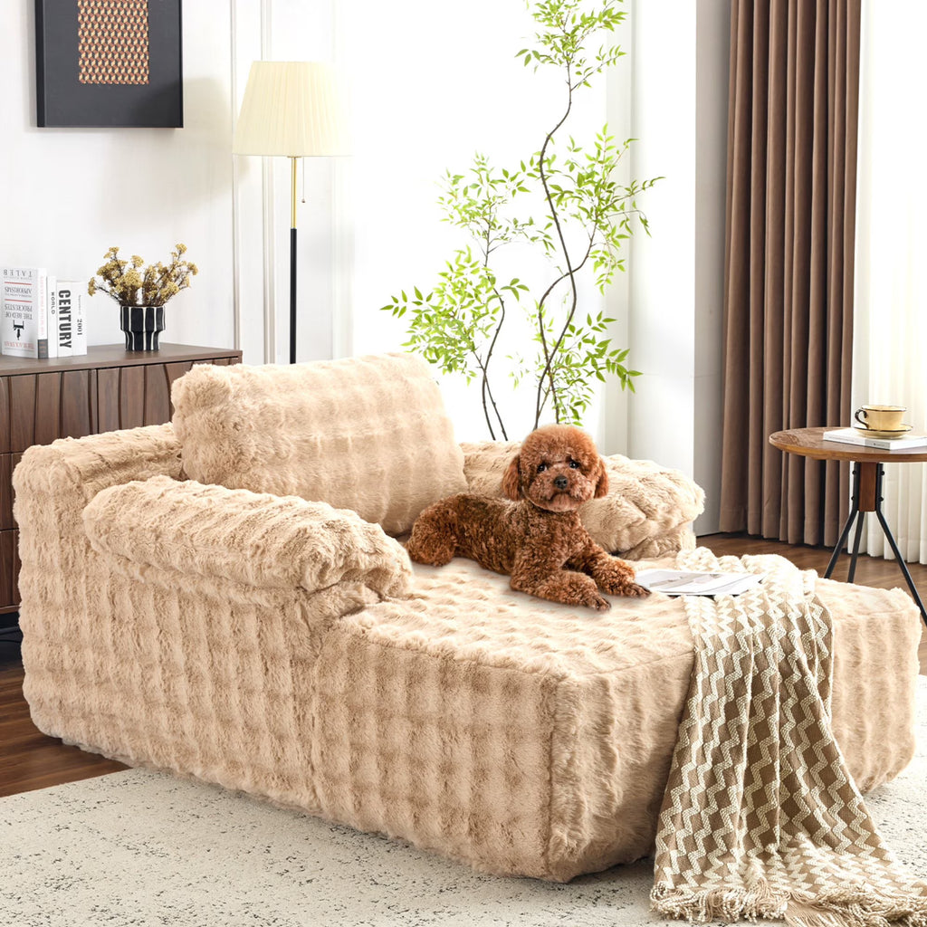 Ktaxon 68" Lounge Chair, Bubble Fleece Fabric Sofa Bed, Boneless Sleeper Chaise with Removable Backrest & Pillow-Top Armrests for Living Room White