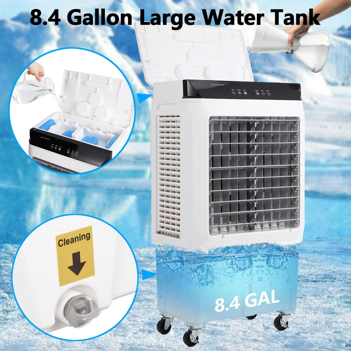 Evaporative Air Cooler, 1800CFM Swamp Cooler with 8.4 Gallon Water Tank and 4 Ice Packs, 3 Modes & Wind Speeds for Outdoor Indoor Use