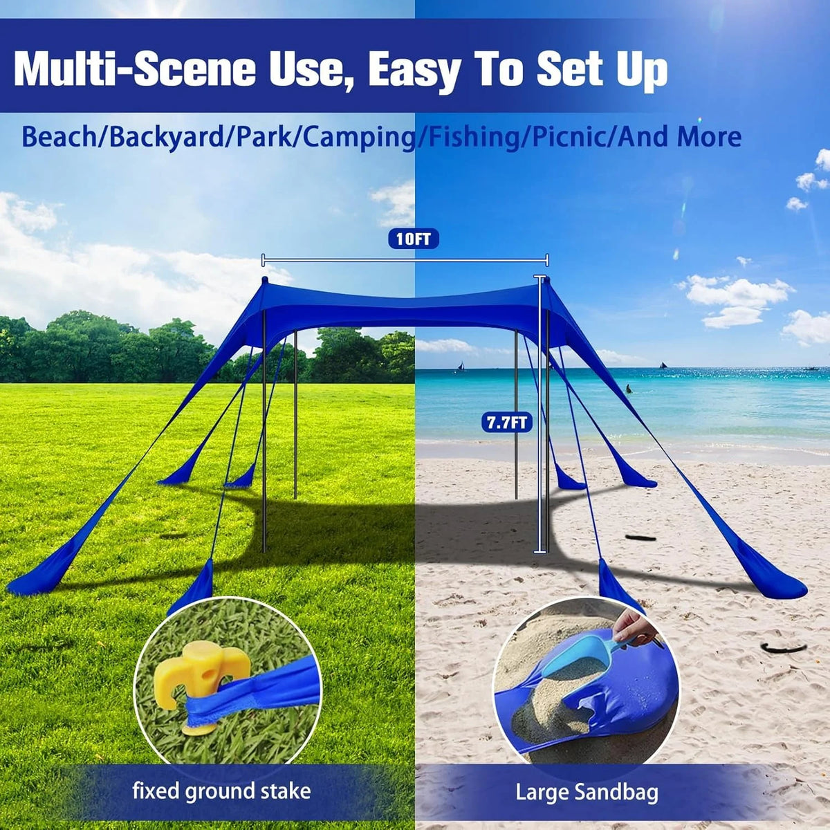 Beach Tent Sun Shelter 10x10FT Beach Shade Canopy with 8 Sandbags, UPF 50+ Protection Beach Shade Canopy, Outdoor