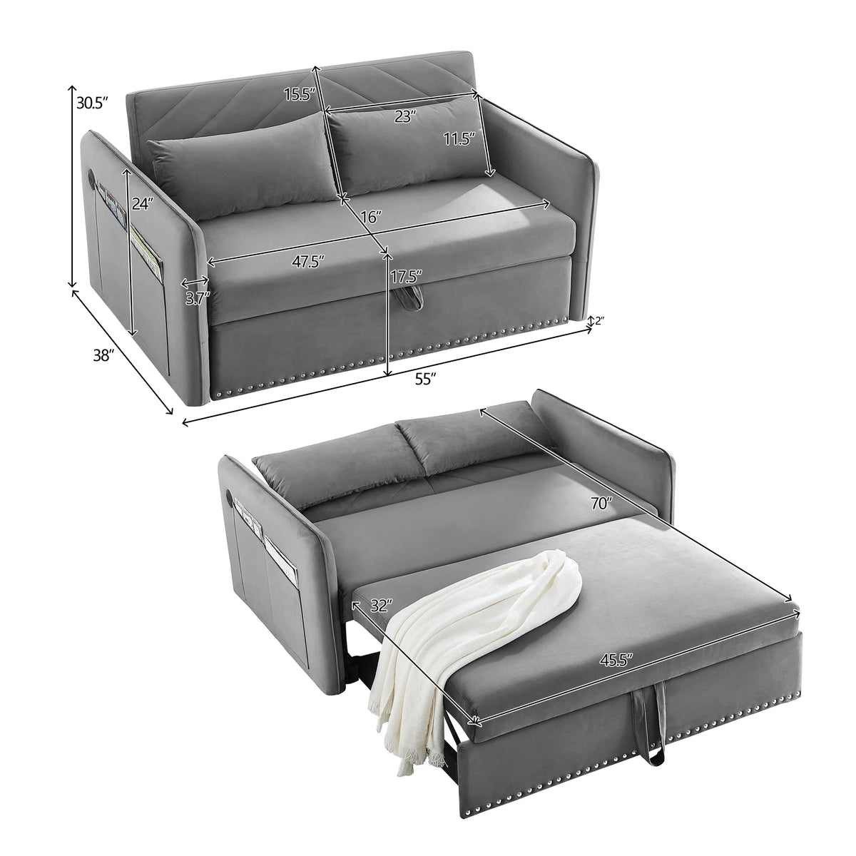 55" Convertible Sleeper Sofa Bed,3 in 1 Convertible Sleeper Loveseat with USB Ports,Modern Velvet Pull Out Sofa Bed with 2 Pillows and Rivet Design for Living Room Furniture,Gray
