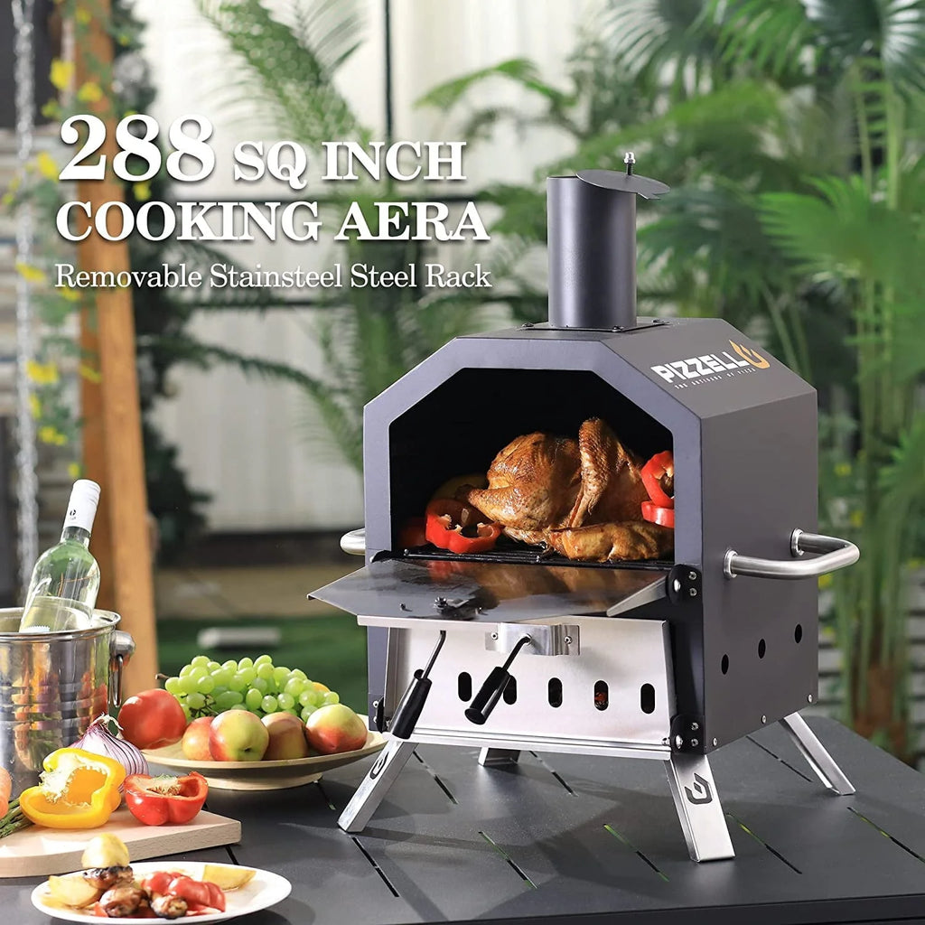 Pizzello Outdoor Pizza Oven Wood Burning for Cooking 2 Pizzas Outside Pizza Maker with Pizza Stone, Pizza Peel, Cover - Black + Silver