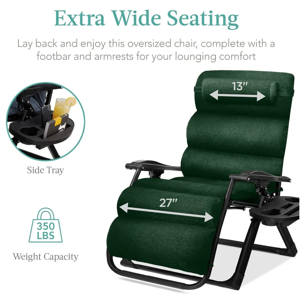 Oversized Chair, Folding Outdoor Patio Recliner, XL Anti Gravity Lounger w/Removable Cushion, Cup Holder, Side Tray, 350lb Capacity - Taupe
