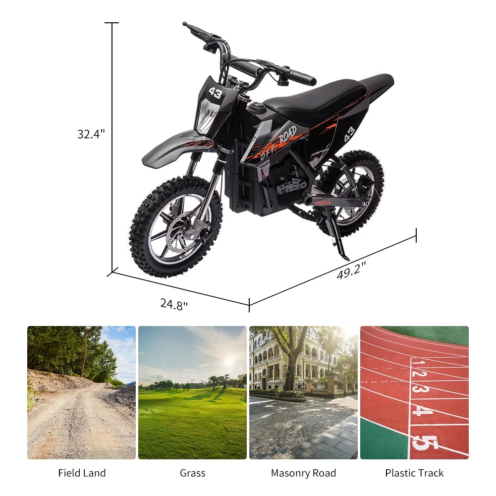 36V Electric Dirt Bike for Kids, Ride on Motorcycle 350W Brushless Motor Fast Speed 15.5MPH with LED Headlight, Leather Seat,Front+Back Brake for Teens Max Load 175lbs