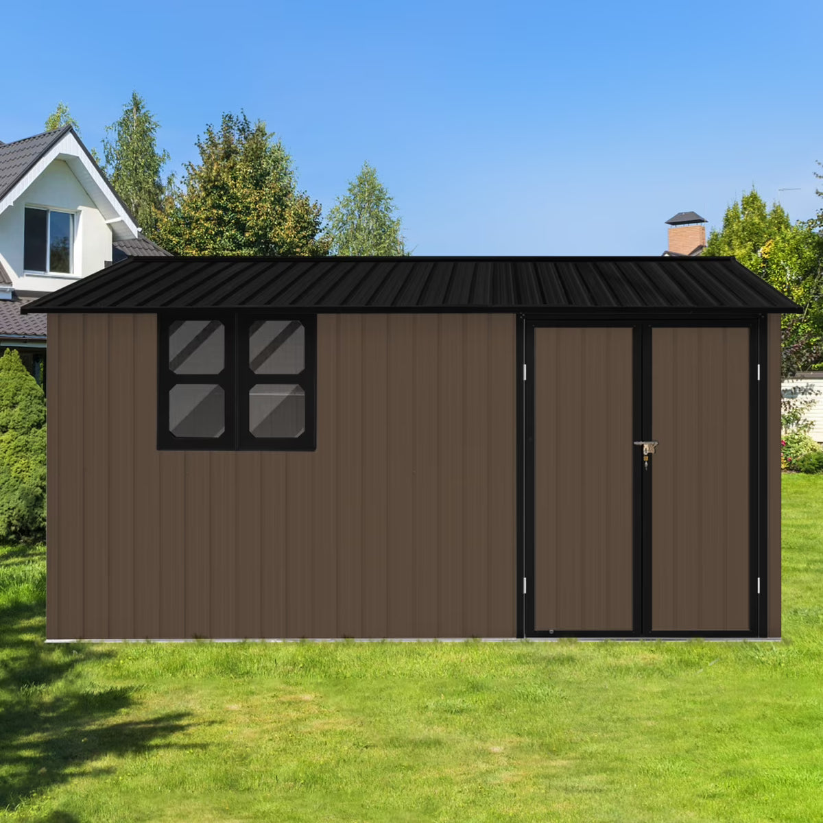 10x12 FT Outdoor Storage Shed, Metal Garden Tool Shed with Vents, Window and Bulit-in Hooks, Waterproof  Organization for Home/Backyard/Garden Tools/Lawn Storage, Yellow+White