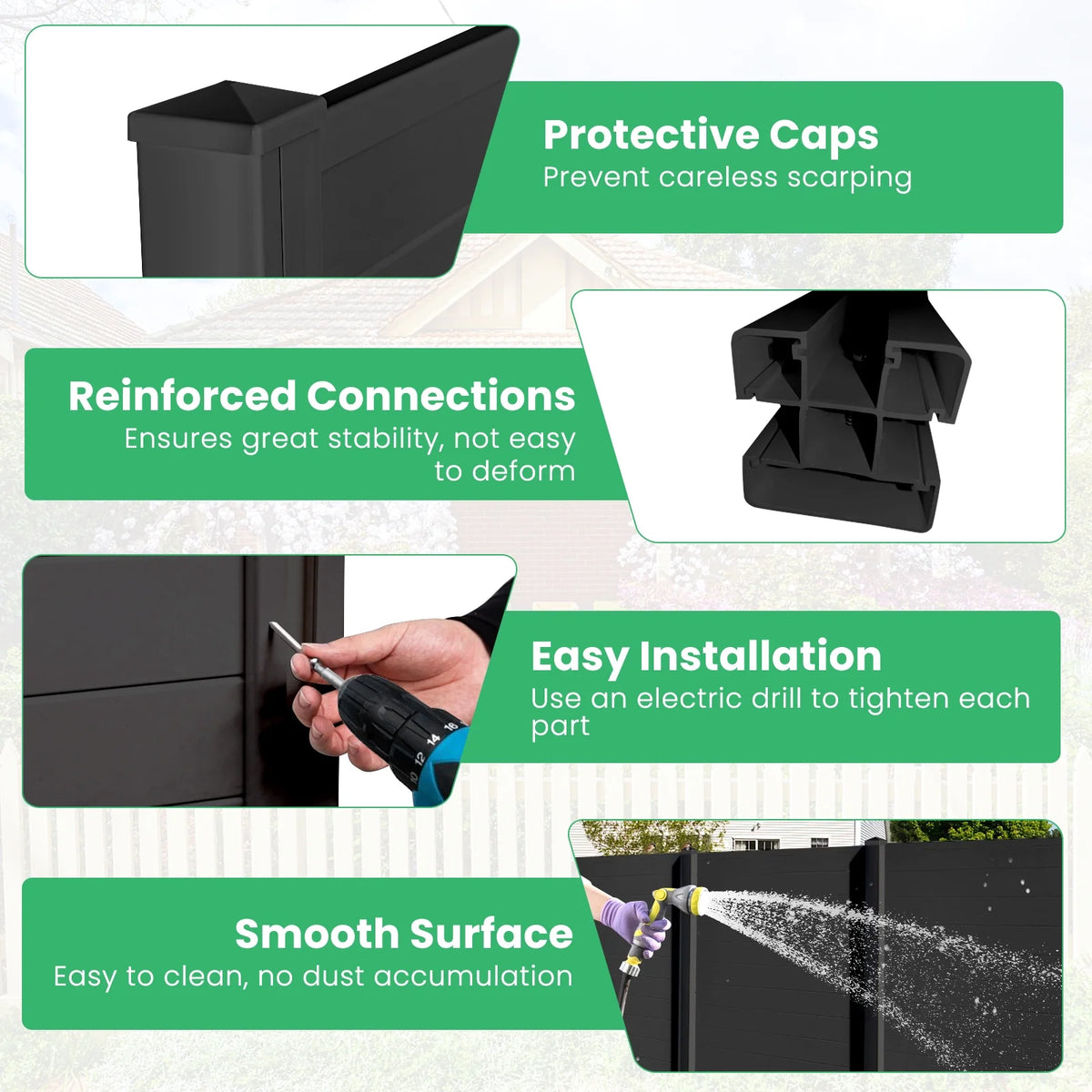 Gymax Outdoor PVC Privacy Panels 2-Pack Picket Fence W/ 3 Cuspidal Foot Stakes Black