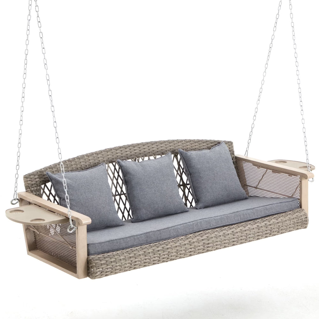 Homrest 3-Person Porch Swing 55in Wicker Hanging Swing Bench with Cushions and Cupholders for Deck, Garden and Backyard, Beige