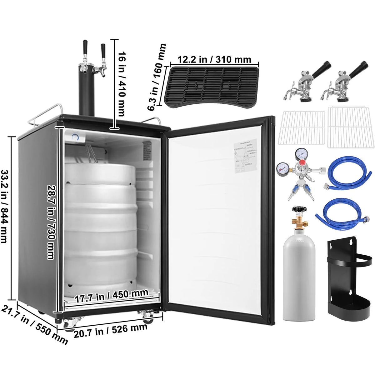 KFFKFF Draft Beer Dispenser Beer Kegerator Full Size Keg Refrigerator Dual Tap