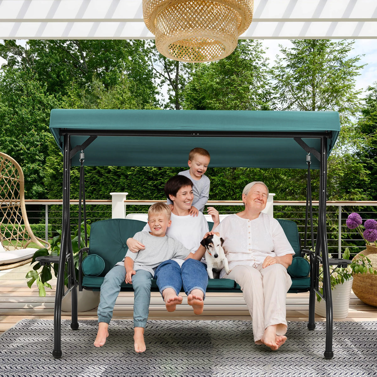 Homrest 3 Seat Outdoor Porch Swing with Adjustable Canopy, Cushions, and Cup Holder - Wine Red