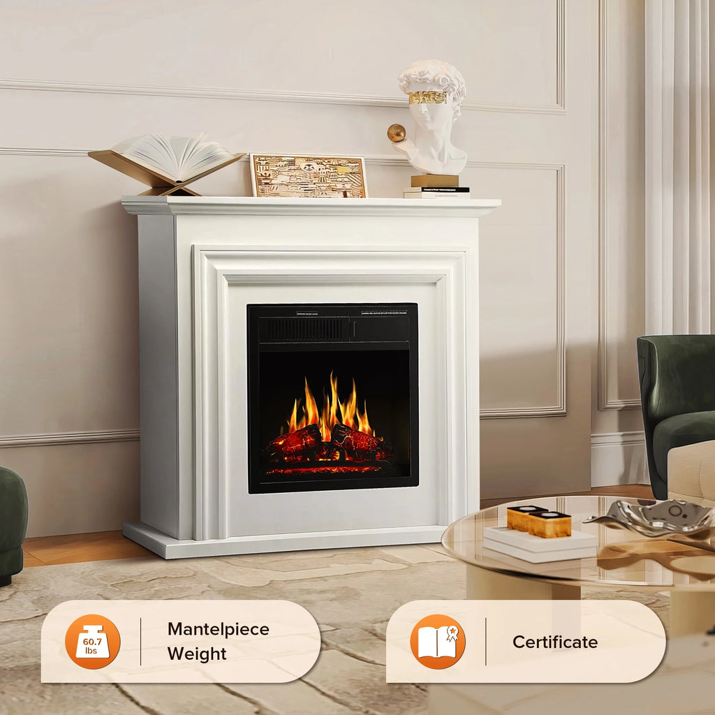 KISSAIR Electric Fireplace Mantel Wooden Surround Firebox, Free Standing Fireplace, with Remote Control, Adjustable LED Flame, 750W/1500W -White