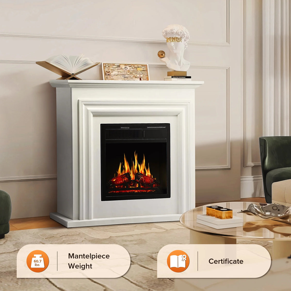 KISSAIR Electric Fireplace Mantel Wooden Surround Firebox, Free Standing Fireplace, with Remote Control, Adjustable LED Flame, 750W/1500W -White