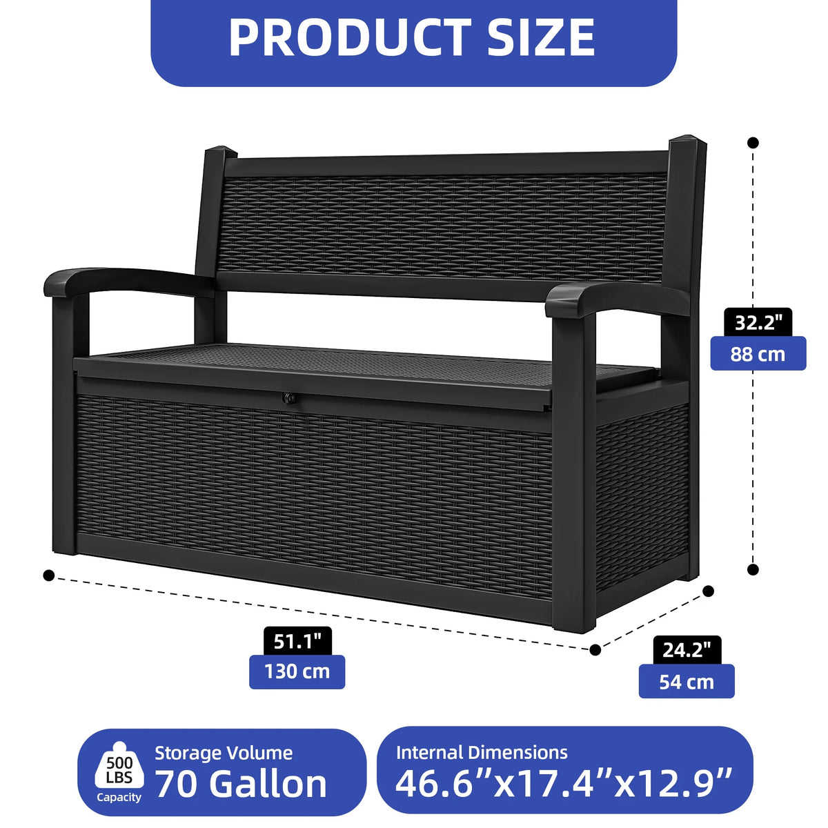 ModFusion 70-Gallon Outdoor Resin Storage Cabinet with Rattan Backrest Waterproof Patio Bench Seat, 500 lbs Capacity, Black