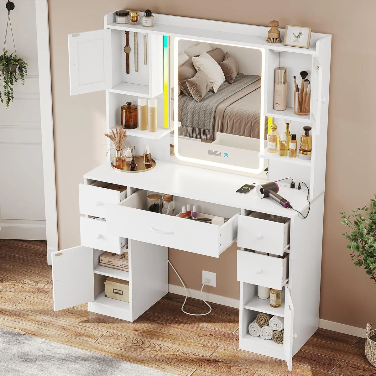 Tiptiper Large Vanity Desk with Lighted Mirror, 5 Drawers Makeup Vanity with Charging Station and Smart Mirror, Time Temperature Display, White