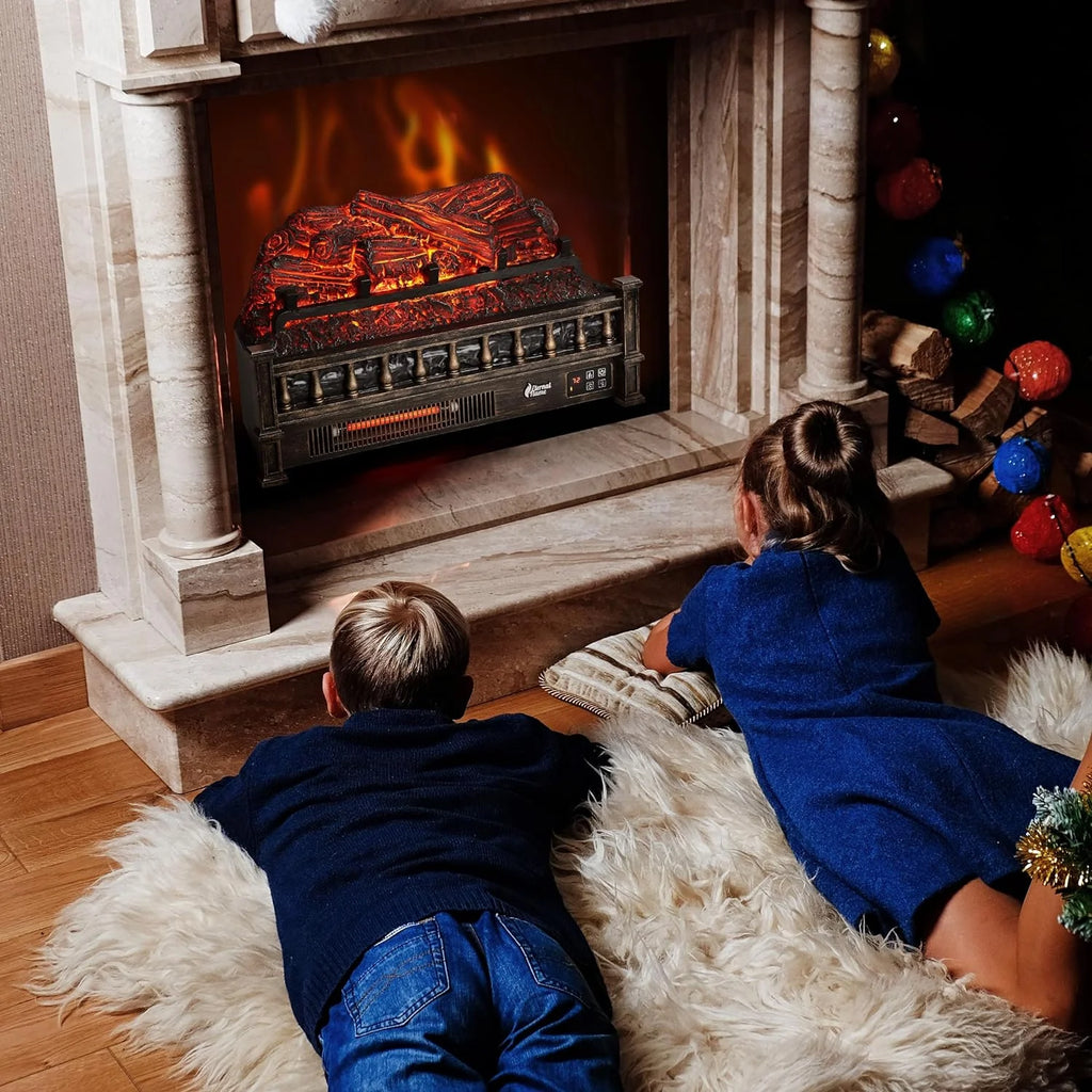 TURBRO Eternal Flame Infrared Electric Fireplace Logs, 23" Remote Control Fireplace Insert Log Heater, Realistic Lemonwood Ember Bed, Thermostat, Timer, 1500W Black