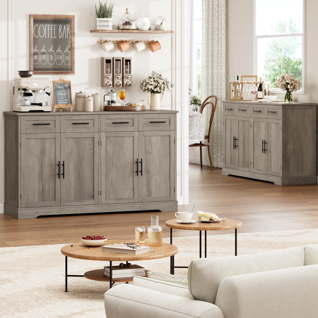 Homfa Farmhouse Buffet Cabinet with 4 Drawers and 4 Doors, 59" W Sideboard Buffet Storage Cabinet with Shelves, for Kitchen Living Room Bedroom, Wash Gray
