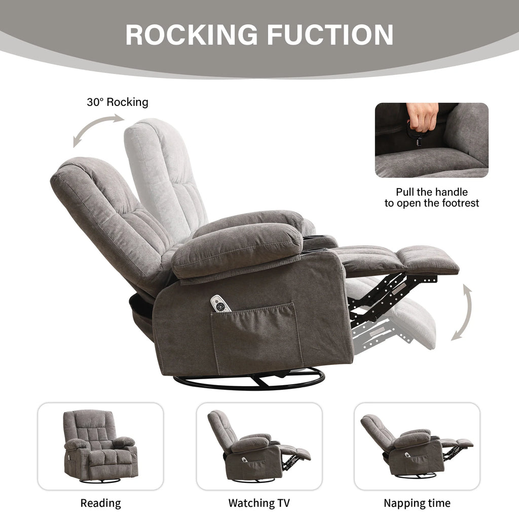 JONPONY Manual Recliner Chair with Heat Therapy and Massage Function, Heavy Duty Reclining Mechanism Massage Chair, Elderly Single Rocker Sofa with Cup Holders for Bedroom Home Theater,Blue
