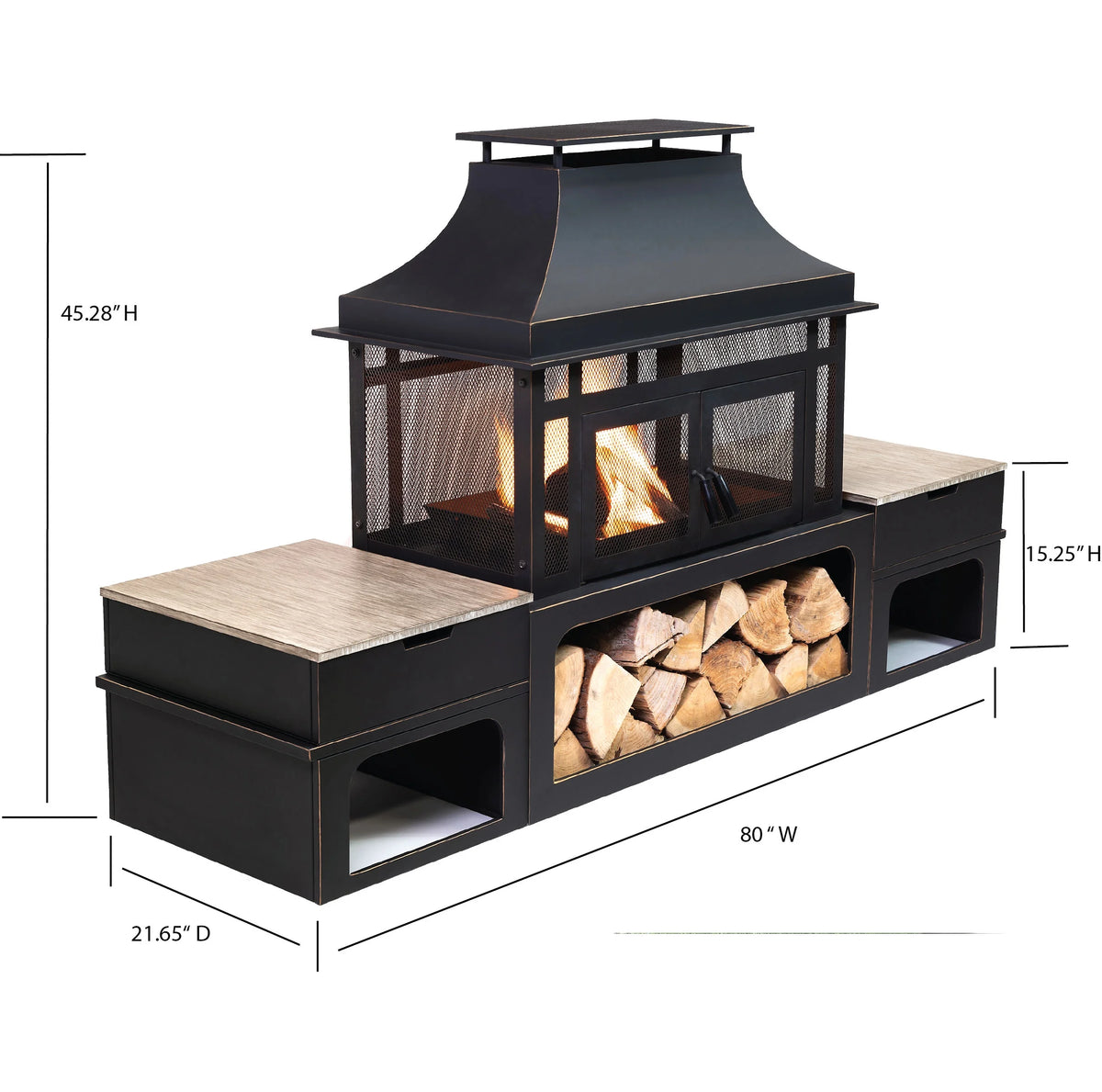 Deko Living 80" x 21.65" Rectangular Wood Metal Fire Pit with Log Storage Compartment & Side Tables