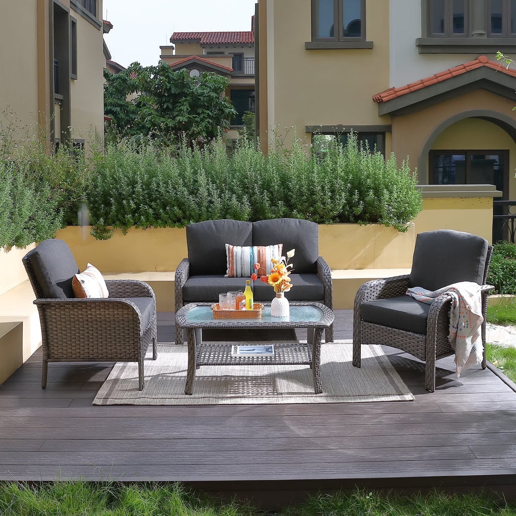 Vcatnet 4 Pieces Outdoor Patio Furniture All-weather Wicker Conversation Set with Coffee Table for Garden,Poolside,Gray