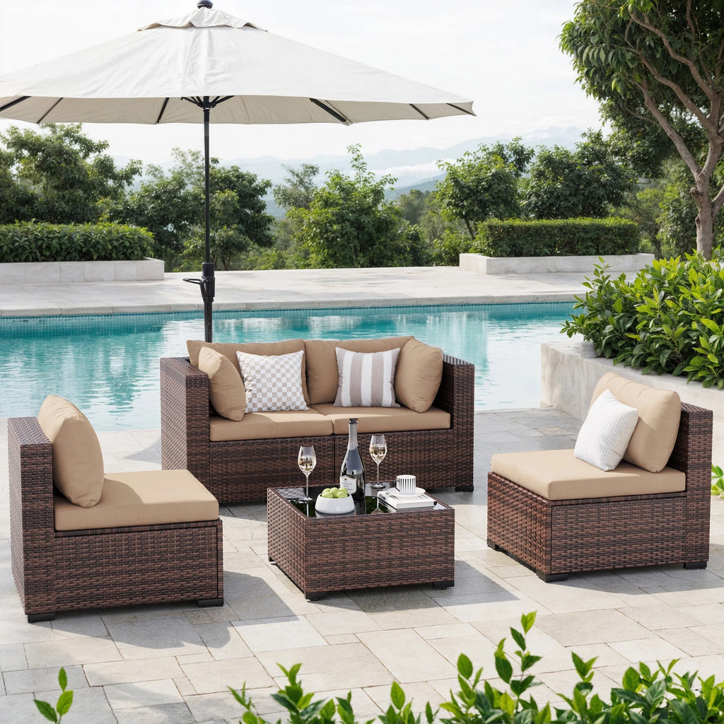 MRUAKA 8 Pieces Patio Furniture Set with Fire Pit Table, Outdoor Furniture Sectional Rattan Sofa with Slanted Back, Patio Couch with Glass Coffee Table for Backyard Garden (Dark Grey)