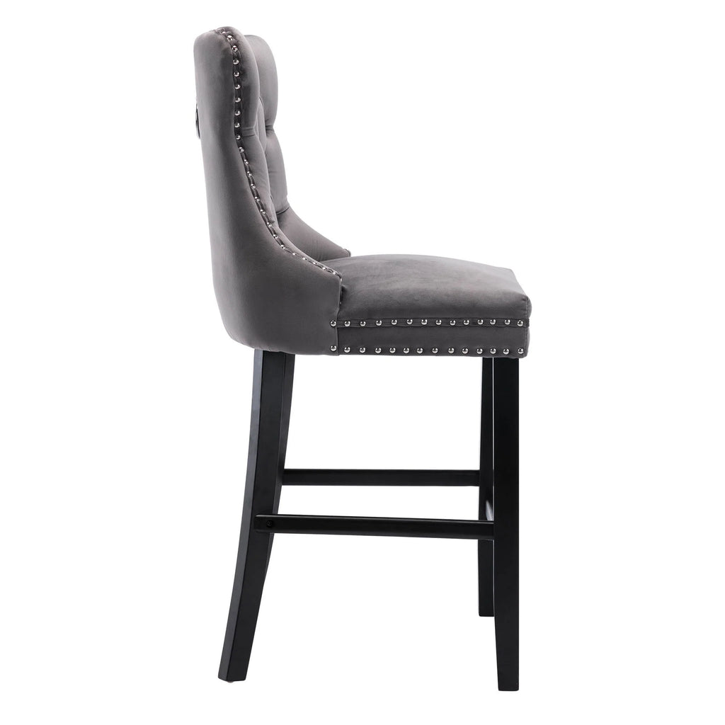 Velvet Bar Stools Set of 2, Upholstered Counter Height Bar Chair with Rivet and Button Trim, Bar Stool with Back and Footrest, for Dining Room, Kitchen, Pub, Gray