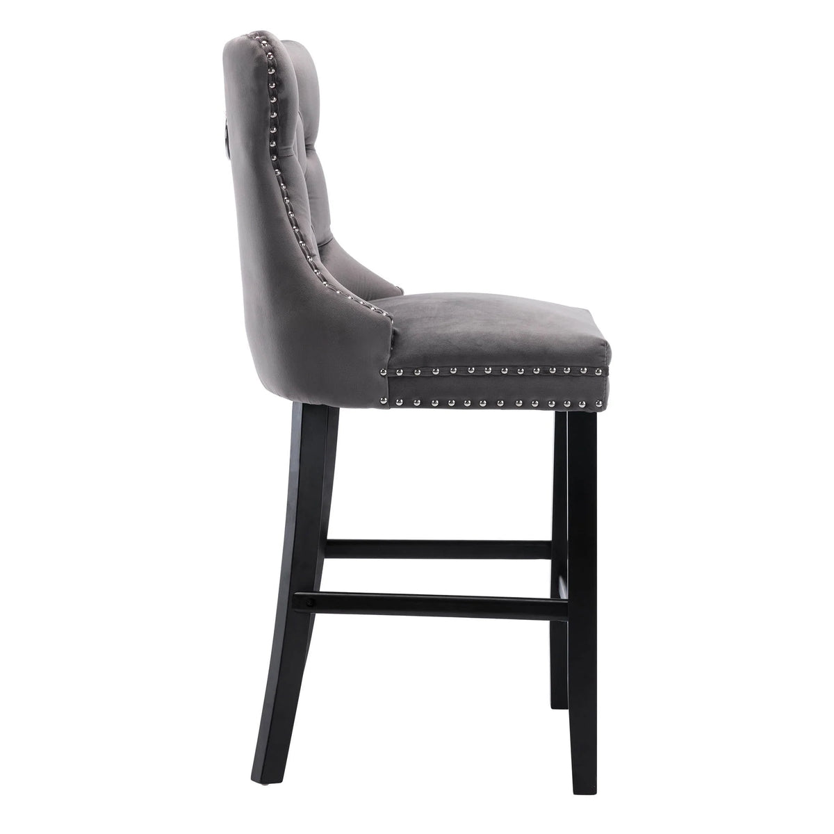 Velvet Bar Stools Set of 2, Upholstered Counter Height Bar Chair with Rivet and Button Trim, Bar Stool with Back and Footrest, for Dining Room, Kitchen, Pub, Gray