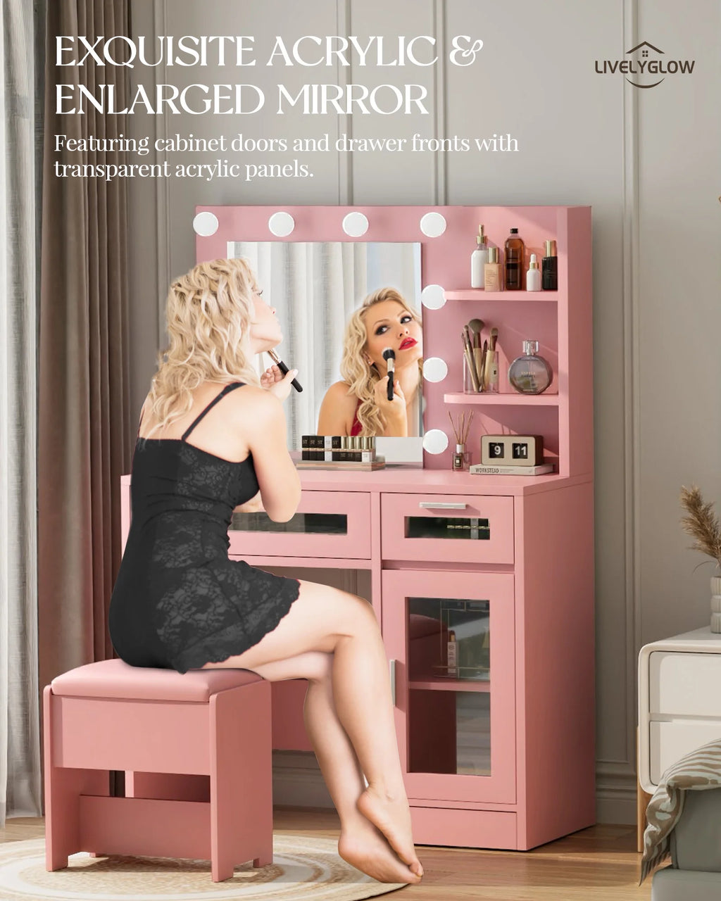 LIVELYGLOW Vanity Desk with Mirror and Lights, Makeup Vanity with Drawer & Storage Shelves, Cabinet, 3 Lighting Modes Adjustable Brightness,White