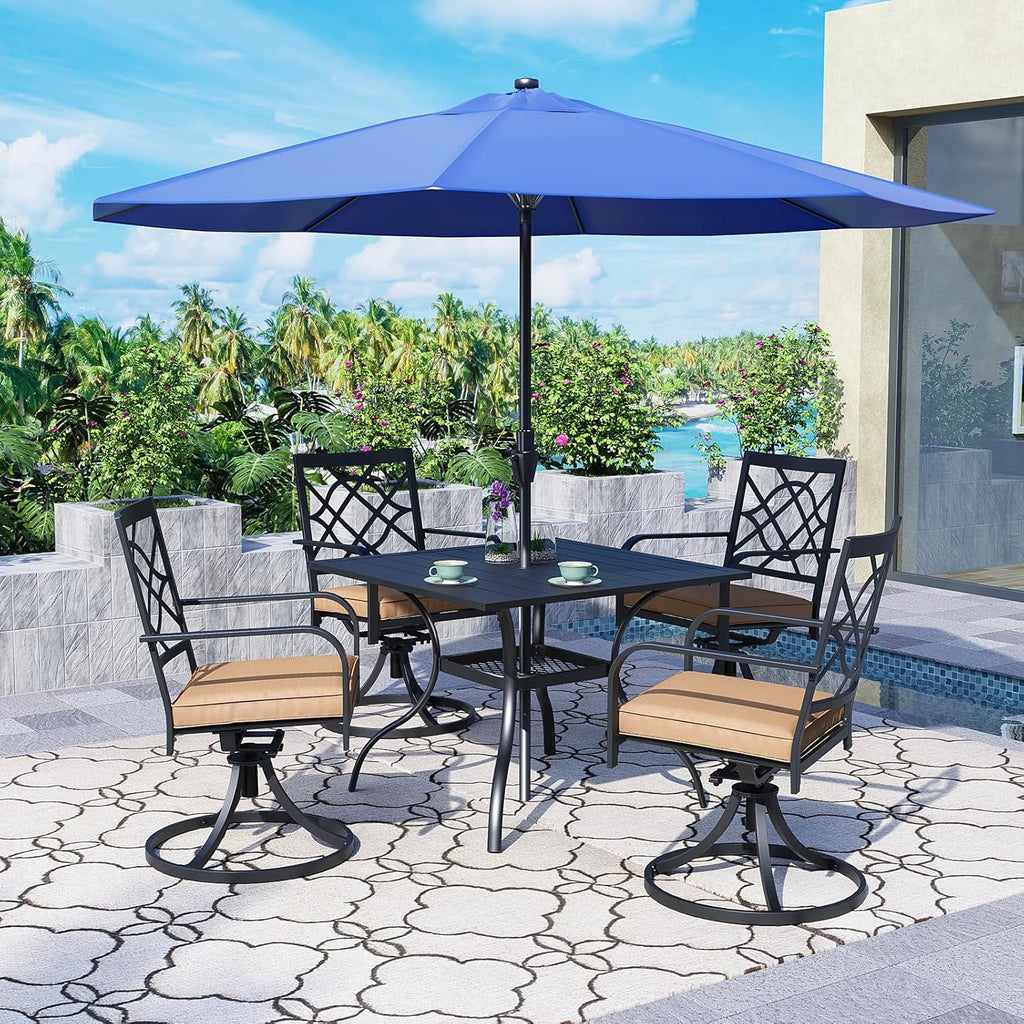 SUNCROWN 5-Piece Outdoor Wrought Iron Chairs and Table Patio Dining Furniture Set - 4 Stackable Metal Chairs, 1 Steel Slat Bistro Table and 1 Sky Blue 9Ft Patio Umbrella for Garden Backyard Deck