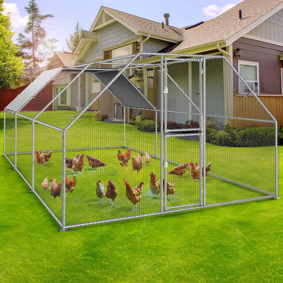 Dextrus Large Metal Chicken Coop, Walk-in Chicken Run, Galvanized Wire Poultry Chicken Hen Pen Cage, Rabbits Duck Cages with Waterproof Anti-Ultraviolet Cover for Farm, Backyard