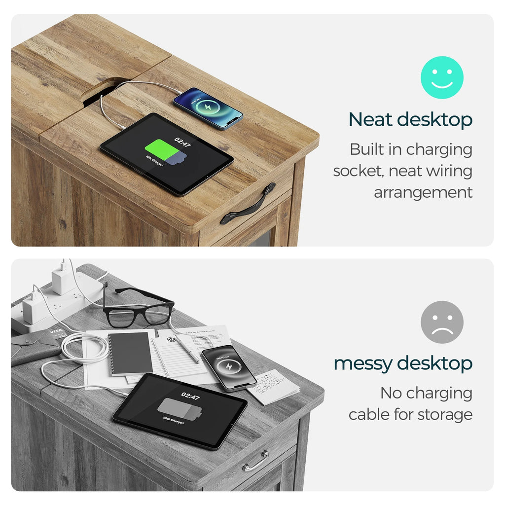 LINSY HOME End Tables for Living Room with Charging Station, Nightstand for Bedroom with Drawer and Detachable Holder,Washed Grey & Brown