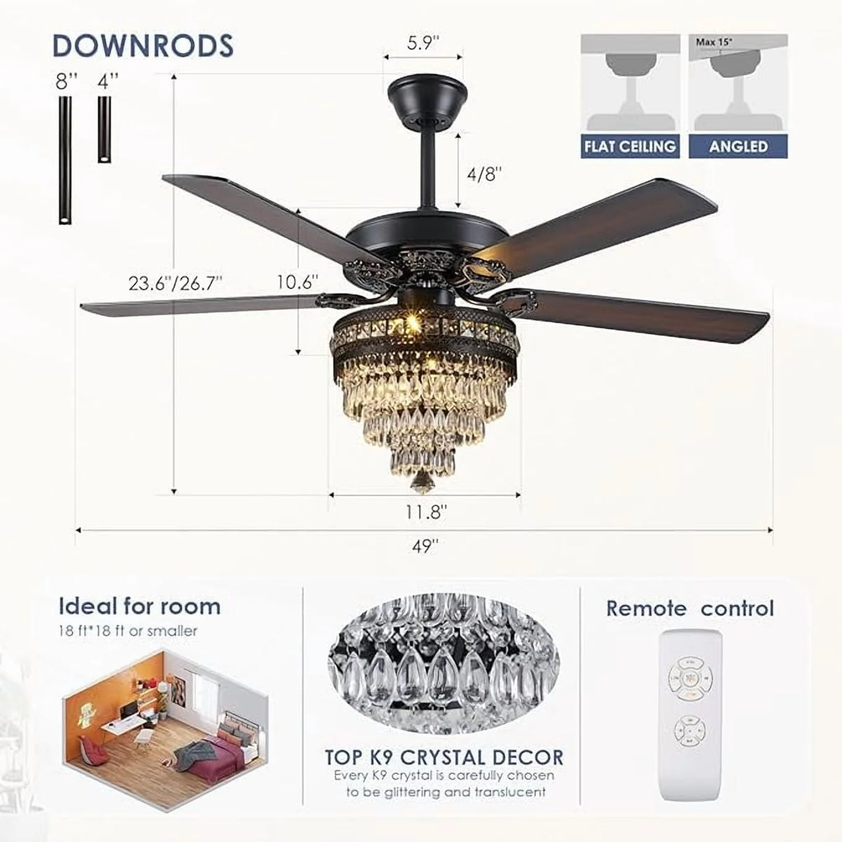 YIOSI 52" Crystal Ceiling Fan Fandelier with Remote Control, Modern Chrome Chandelier Ceiling Fan, Whisper-Quiet Motor, Reversible Blades, LED Lighting, Energy-Efficient, Elegant Living Room Fan