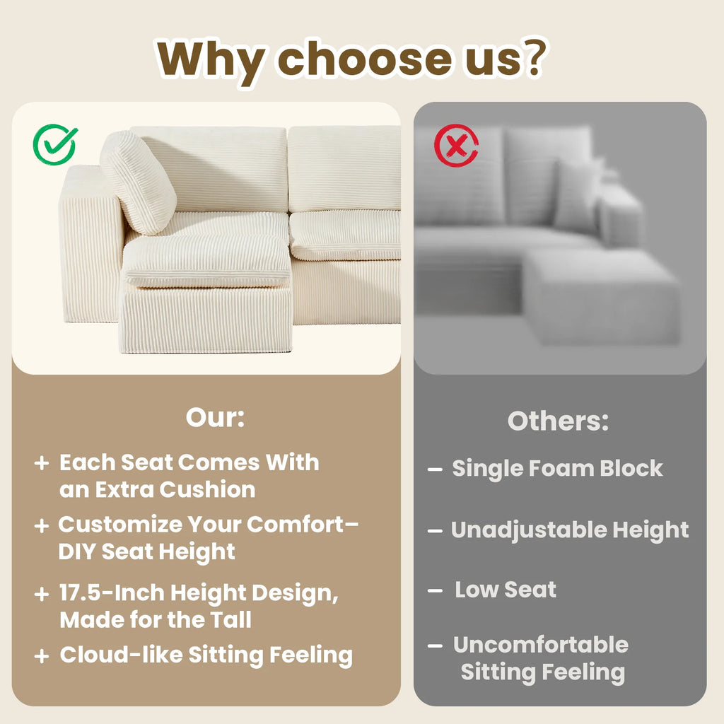 Cloud Sectional Couches for Living Room, Modular L-Shaped Sofa with Ottoman, Corduroy Sleeper Sofa Bed, No Assembly Compression Memory Foam Couch,White