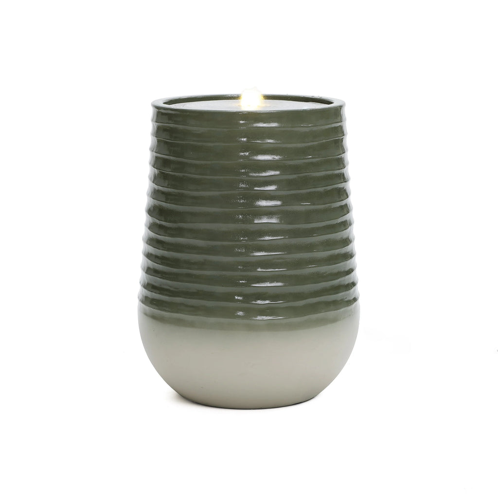 LuxenHome 20" Resin Lighted Garden Bubbling Water Fountain with Emerald Ribbed Top and Ivory Bottom