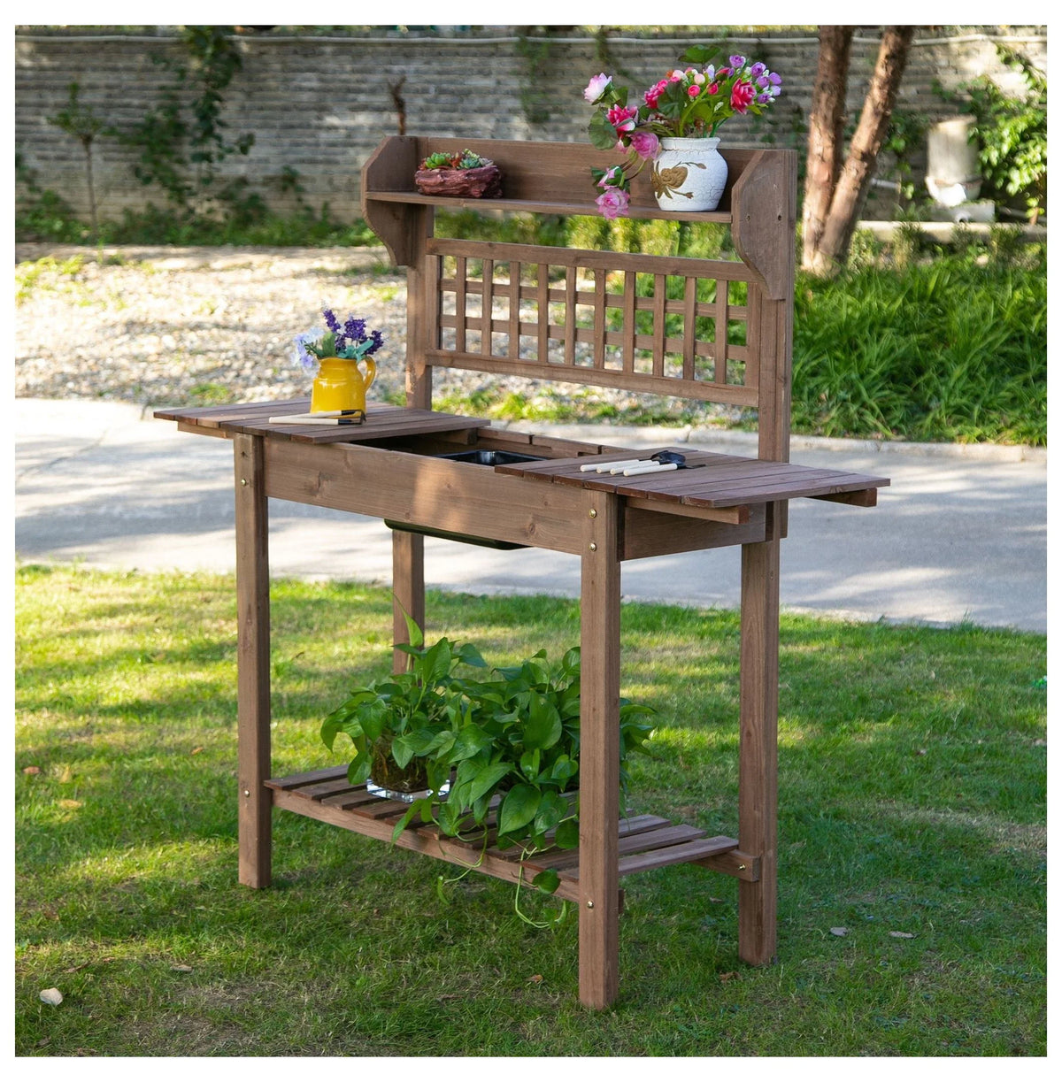 Wooden Potting Station with Storage & Sliding Tabletop - Garden Work Bench for Outdoor Planting - Durable Fir Wood - 39.25" x 17.75" x 55"