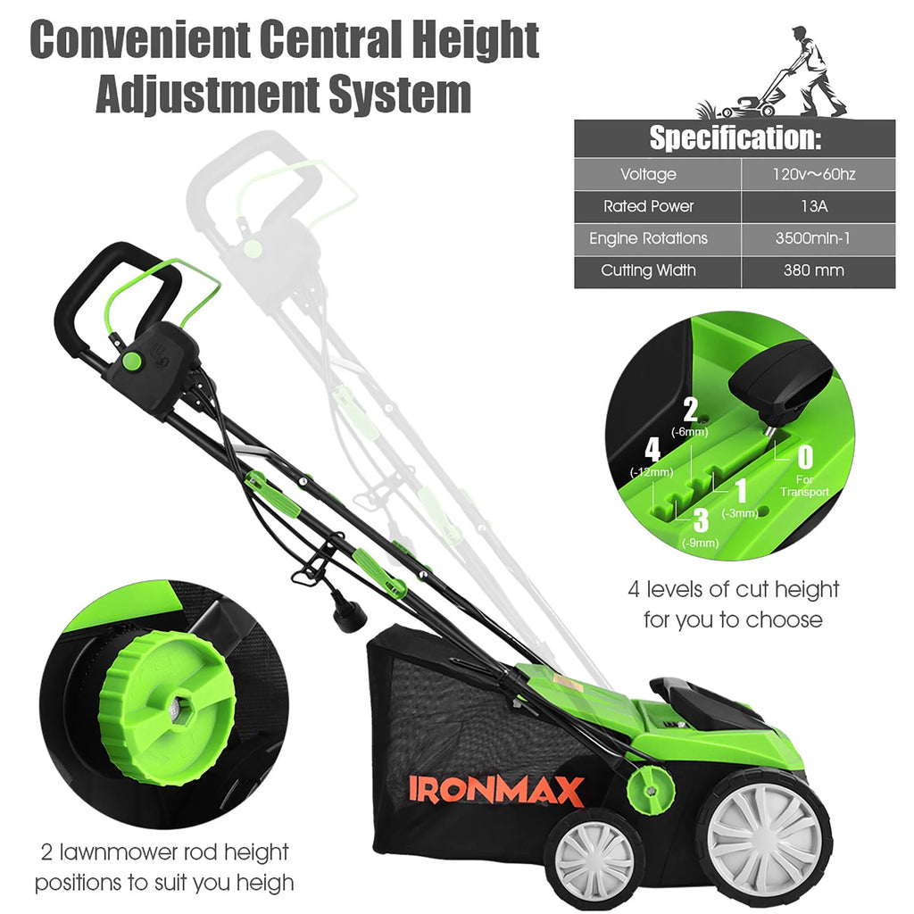 IronMax 13Amp Corded Scarifier 15" Electric Lawn Dethatcher w/50L Collection Bag Orange