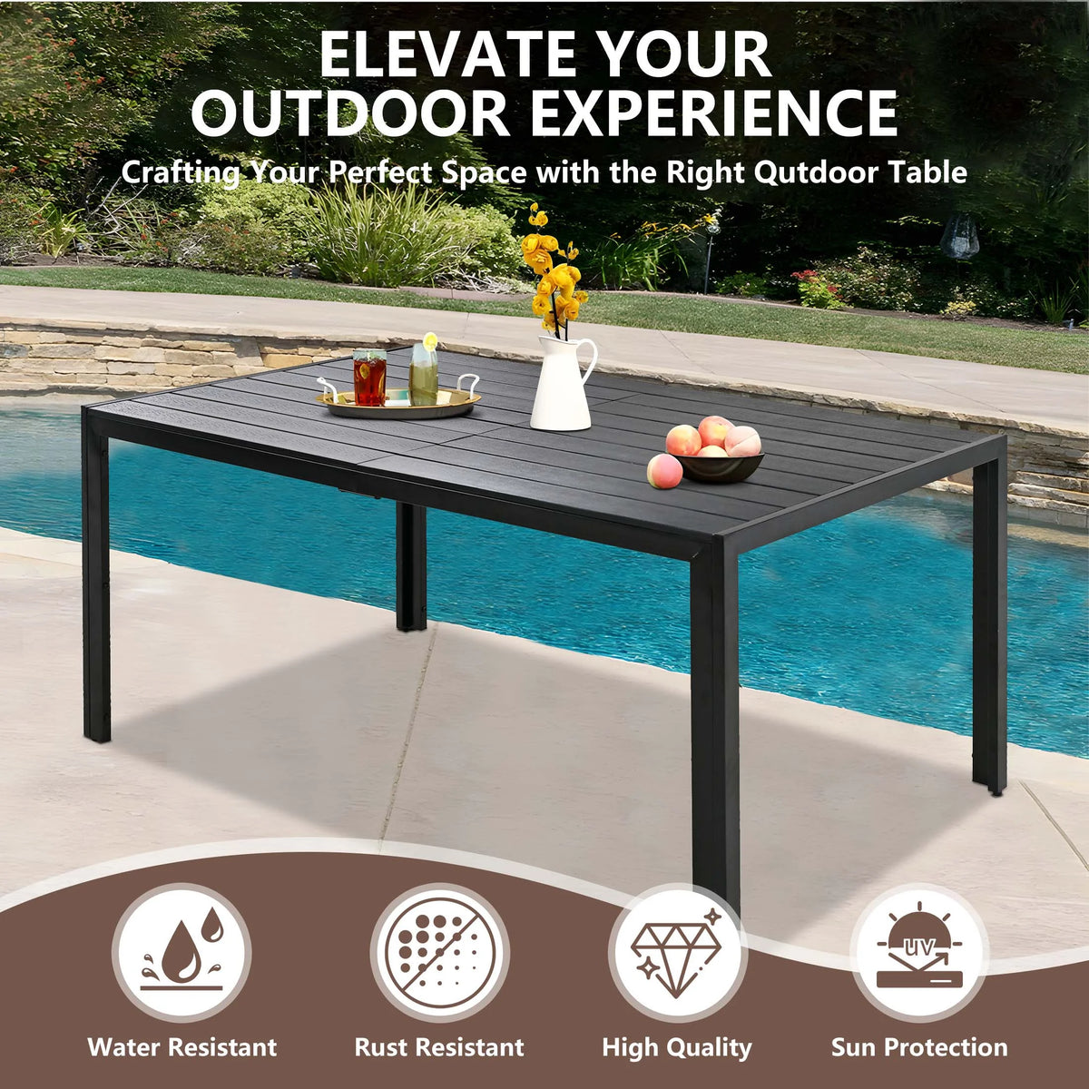 7 Piece Outdoor Dining Set, Patio Dining Table Set for 6 Persons, Garden Patio Textilene Dining Furniture Set with Plastic-Wood Tabletop, Dining Table Chairs Conversation Set for Deck Patio